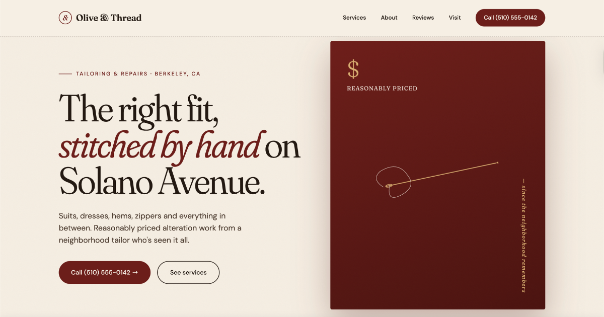 Custom tailoring and alterations small business website built by Grotto